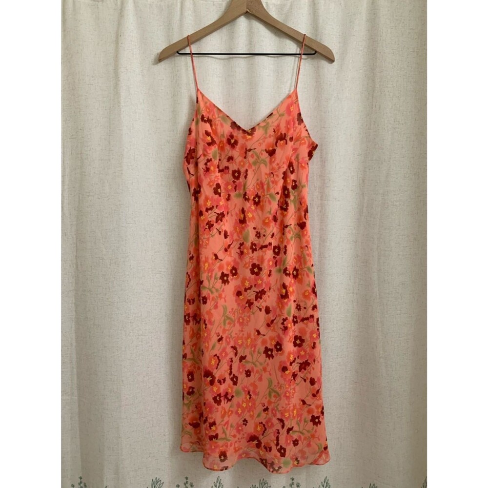Ann Taylor LOFT 100% Silk Coral Floral Slip Dress Excellent Condition Size 14